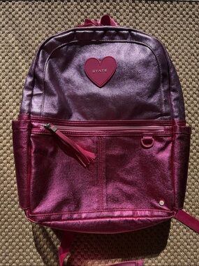 STATE Metallic Fuchsia Heart Patch kids Kane backpack in metallic colorblock 15”